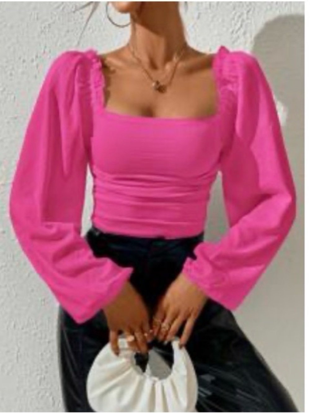SHEIN Hot Pink Ruched Long-Sleeve Blouse Sz L